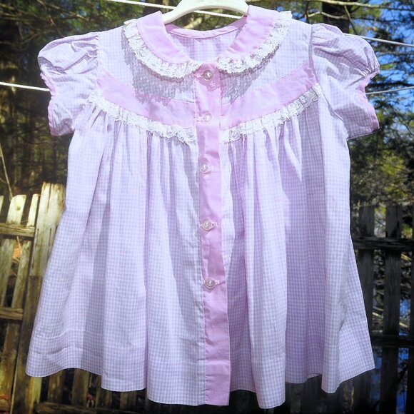 VTG 60's Toddler Girls Lavender Gingham Check Party Dress Cotton w/ Lace 2T-3